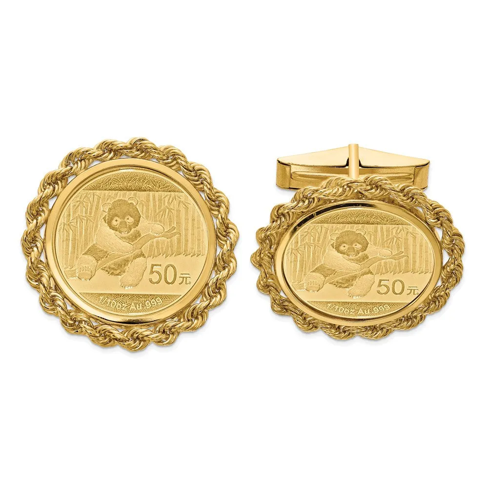 Wideband Distinguished Coin Jewelry 14k Real Gold Men's Polished Rope Mounted 1/10oz Panda Coin Bezel Cuff Links