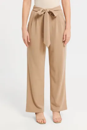 Women Beige Wide Belted Leg Trousers