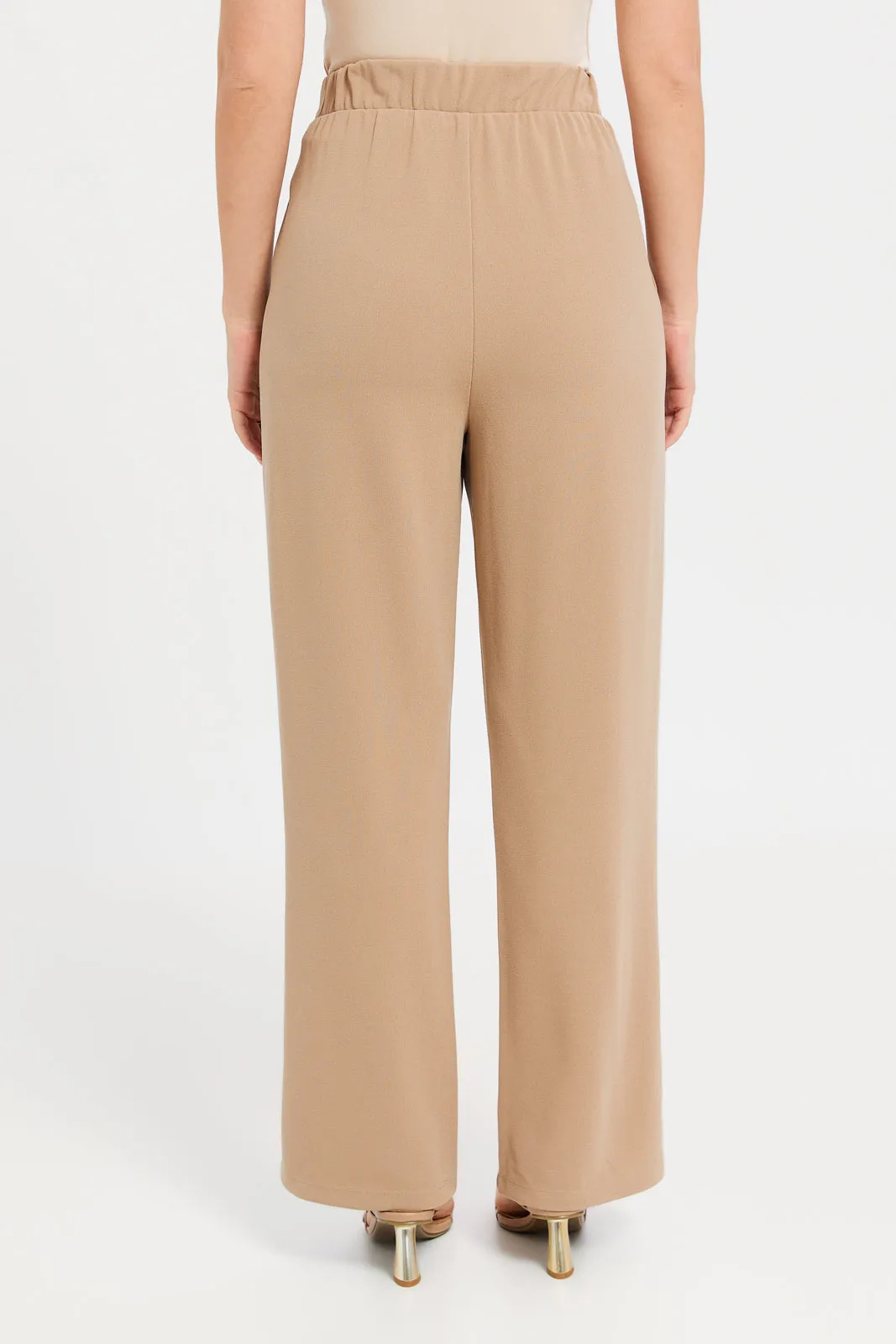 Women Beige Wide Belted Leg Trousers