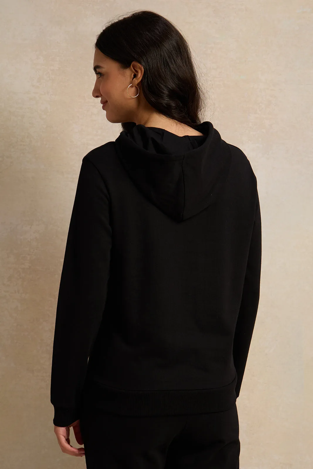 Women Black Placement Print Hooded Sweatshirt