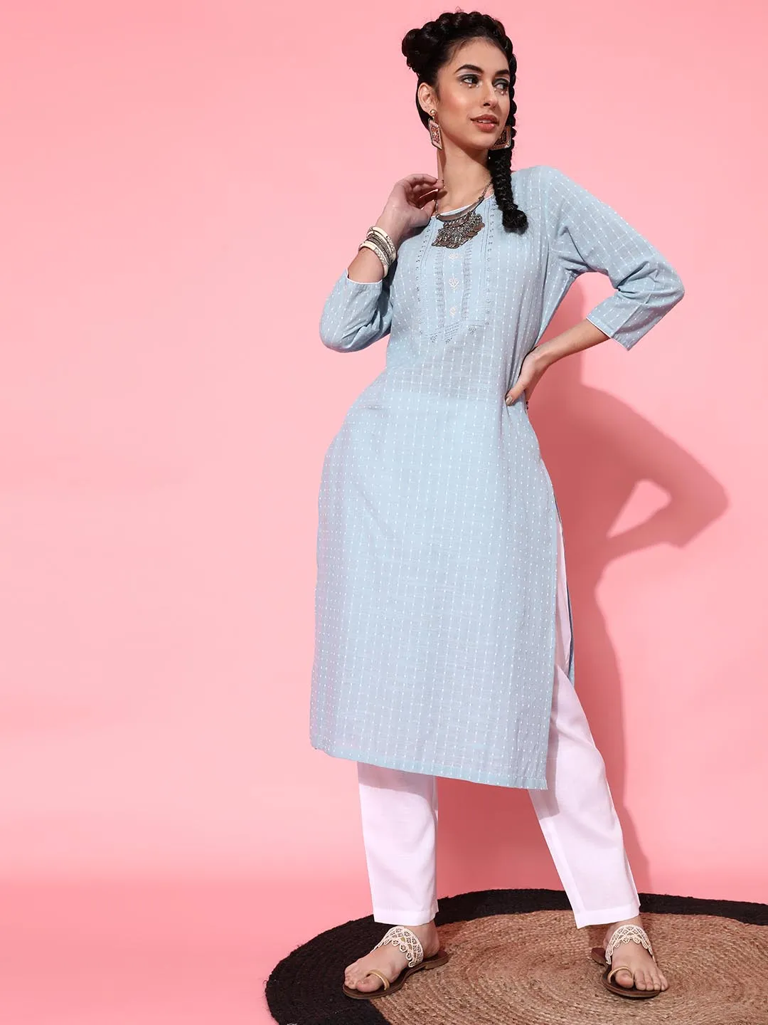 Women Blue Floral Embroidered Pure Cotton Kurta with Trousers