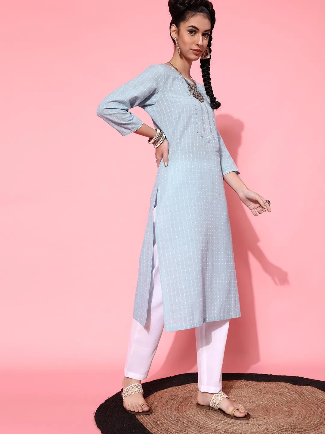 Women Blue Floral Embroidered Pure Cotton Kurta with Trousers