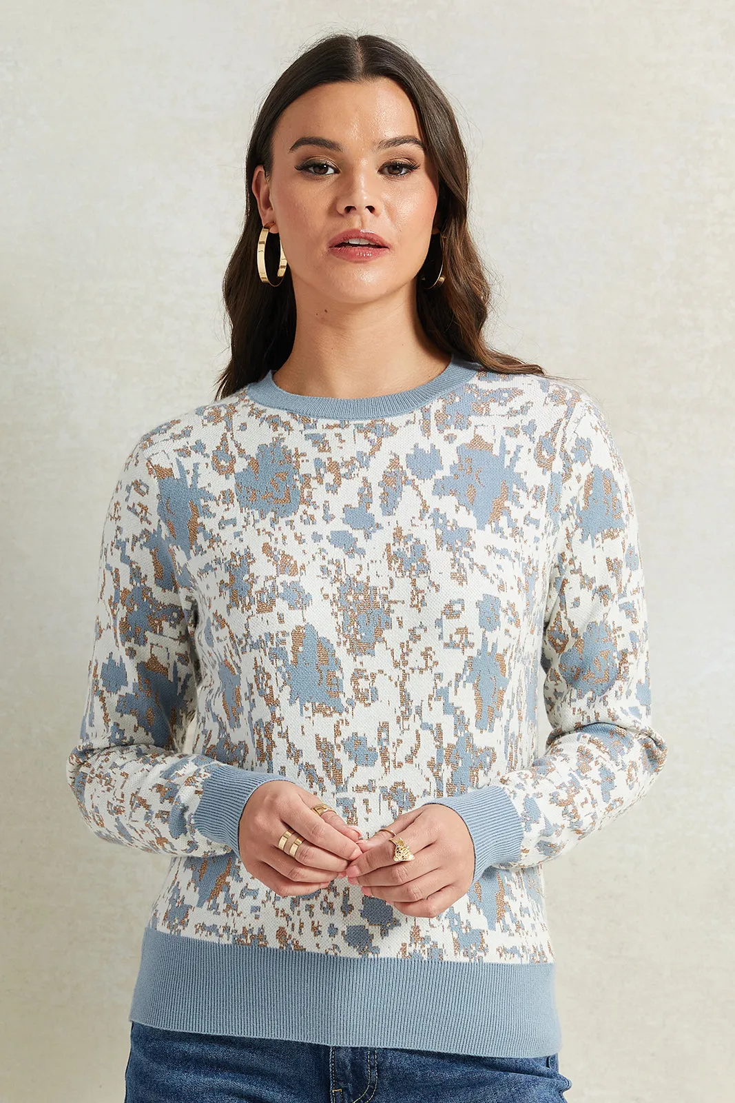 Women Blue Floral Printed With Lurex Sweatshirt