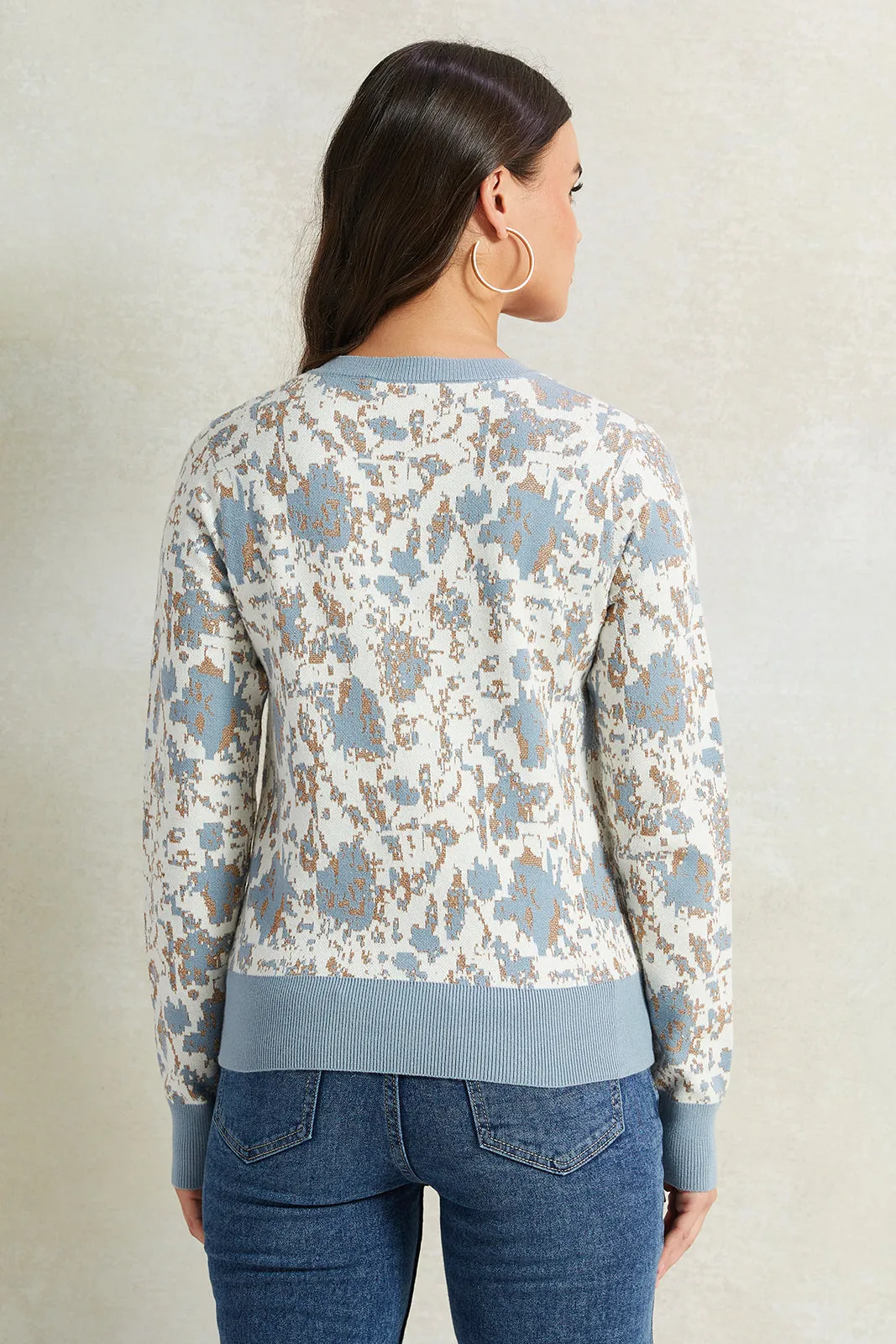 Women Blue Floral Printed With Lurex Sweatshirt