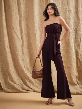 Women Burgundy Off-Shoulder Belted Jumpsuit