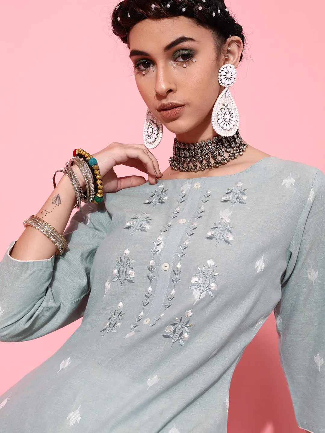 Women Grey Off White Embroidered Pure Cotton Kurta with Trousers