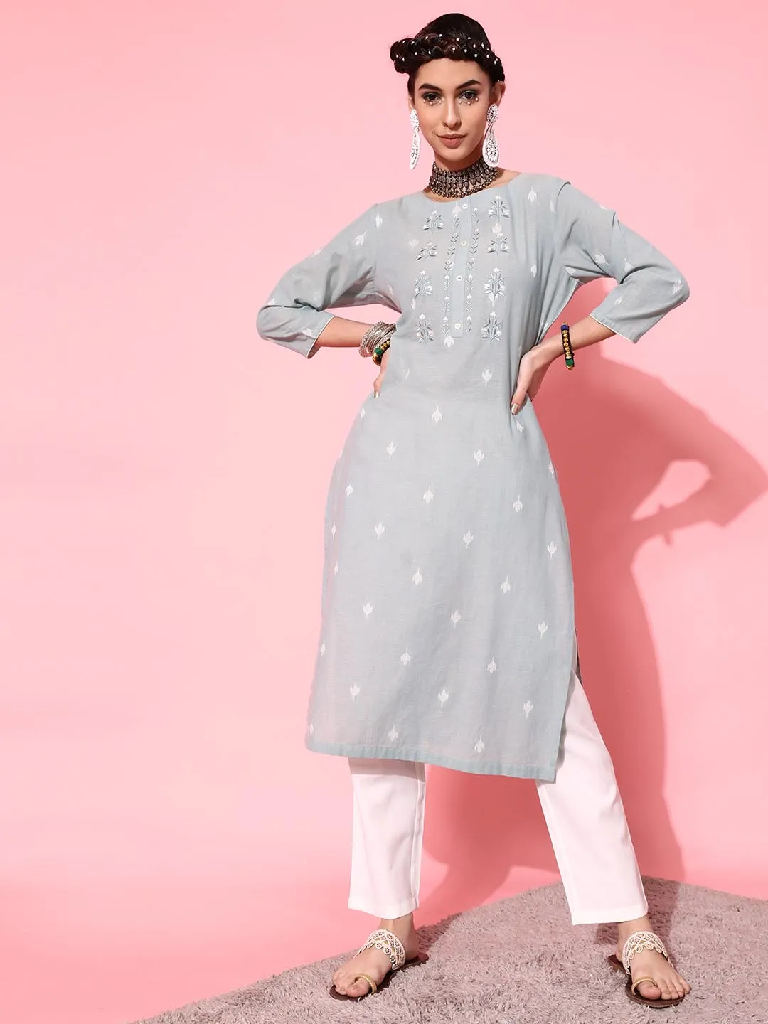 Women Grey Off White Embroidered Pure Cotton Kurta with Trousers