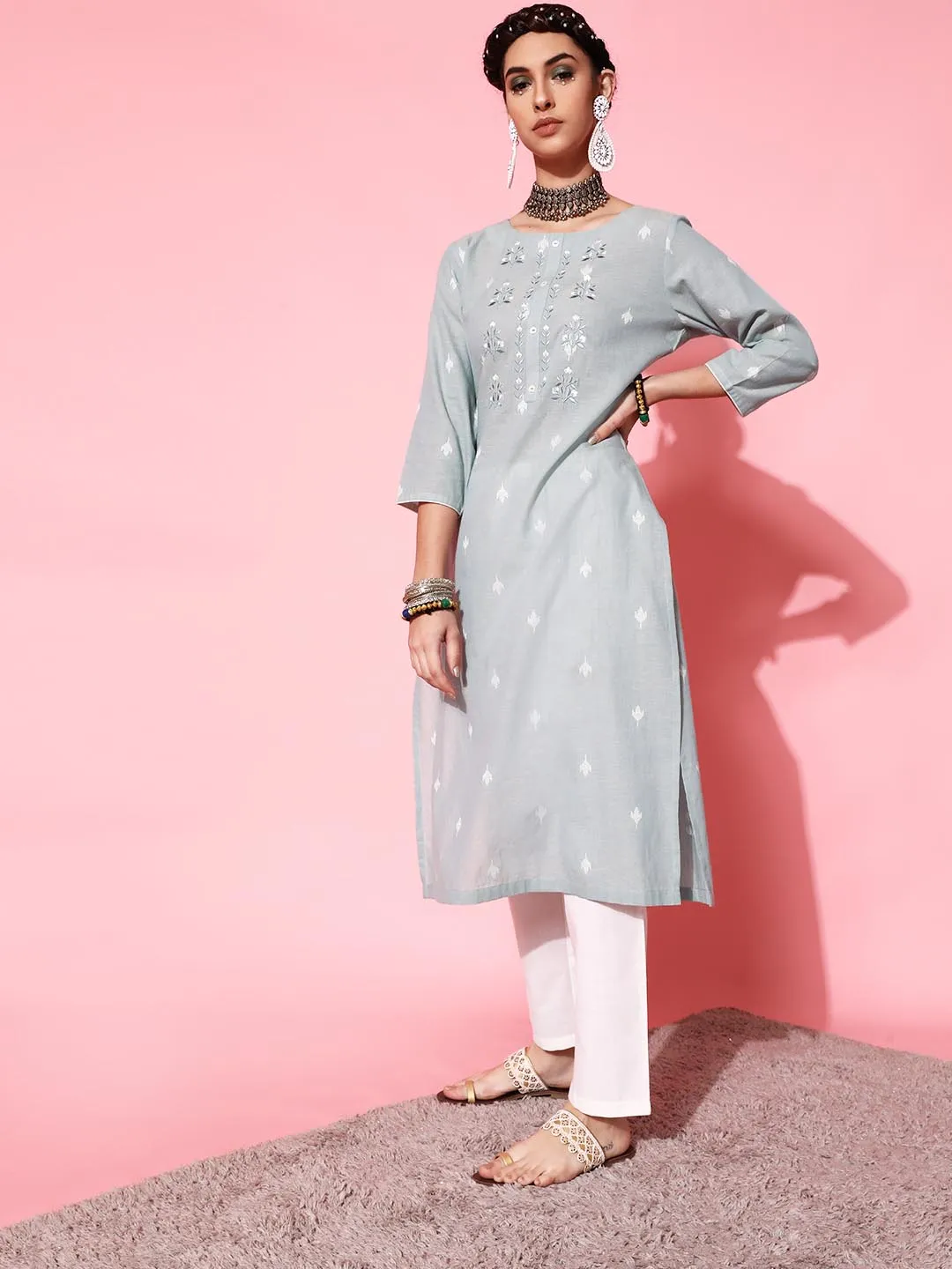 Women Grey Off White Embroidered Pure Cotton Kurta with Trousers