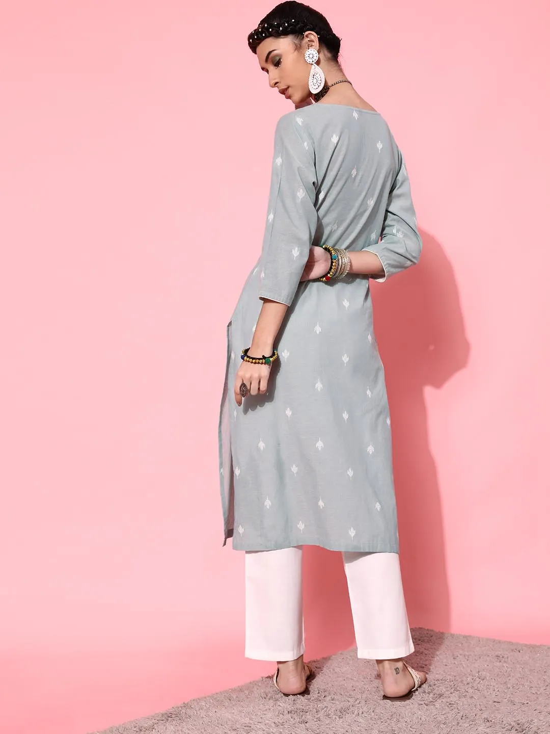 Women Grey Off White Embroidered Pure Cotton Kurta with Trousers