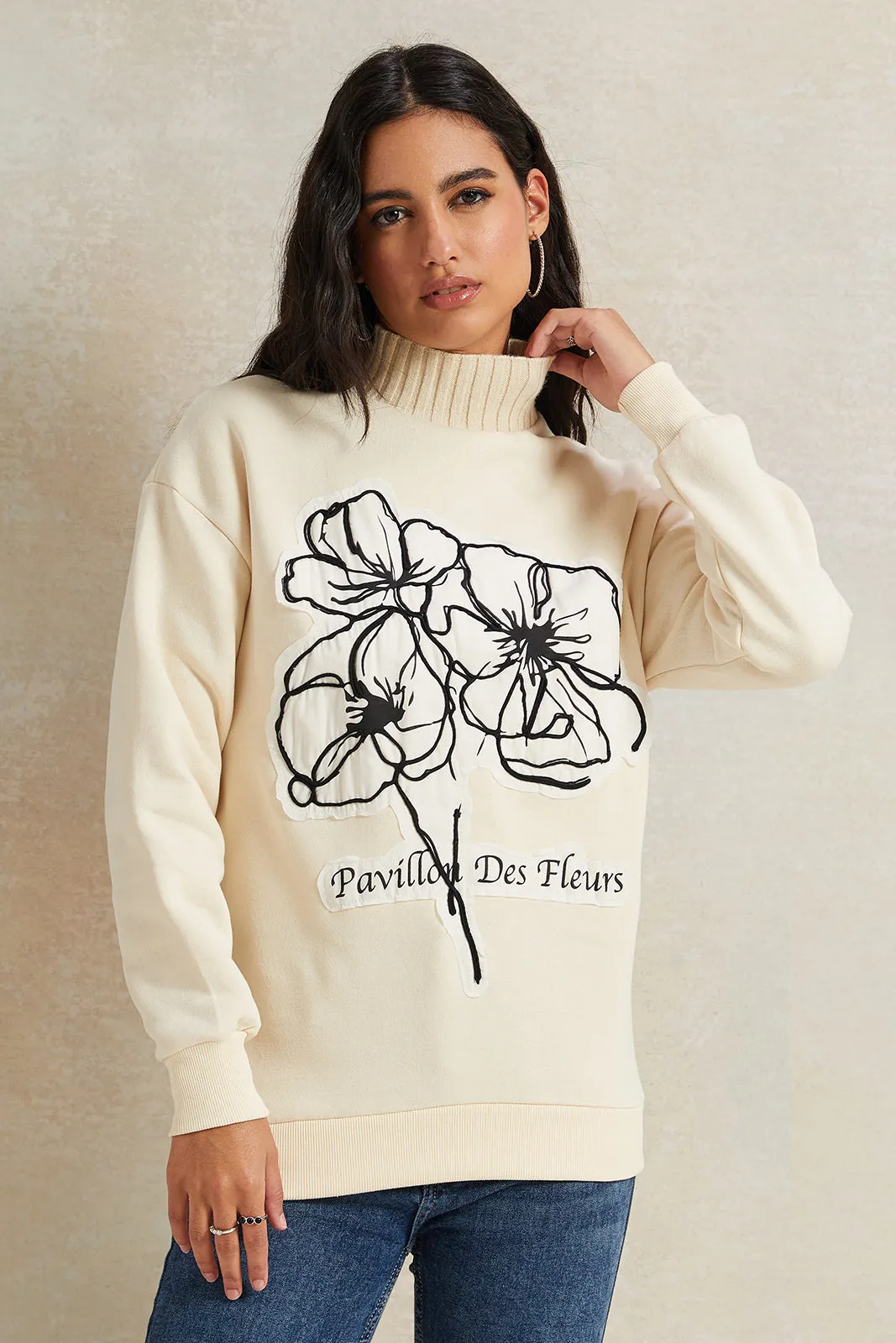 Women Ivory High Neck Printed Sweatshirt