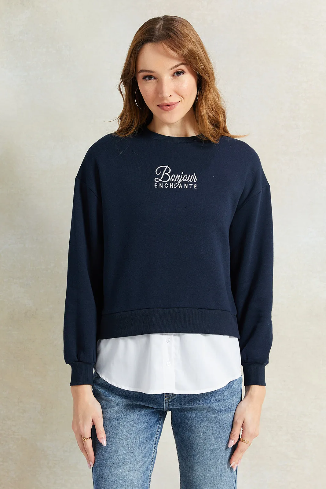 Women Navy Printed Twofer Sweatshirt