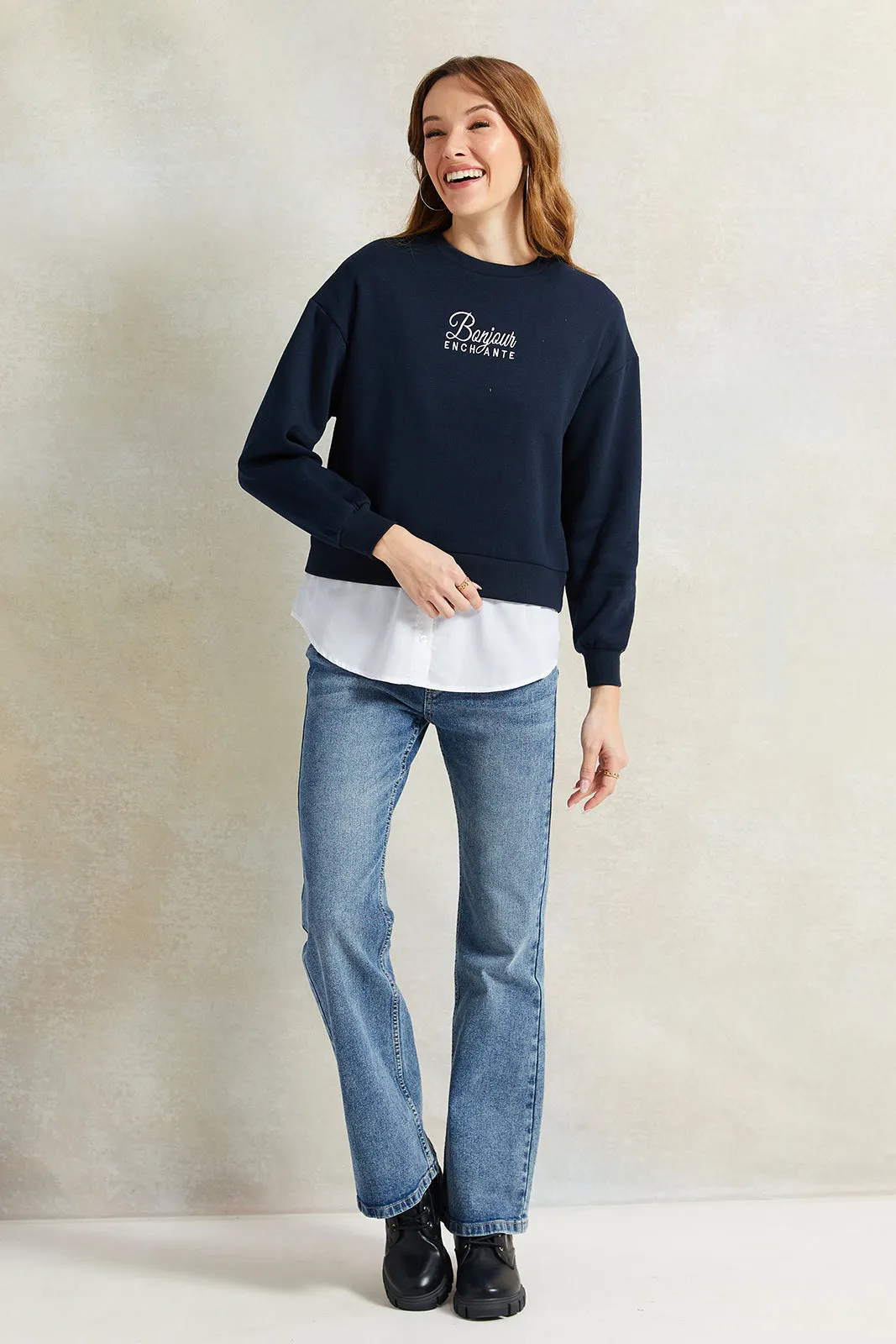 Women Navy Printed Twofer Sweatshirt