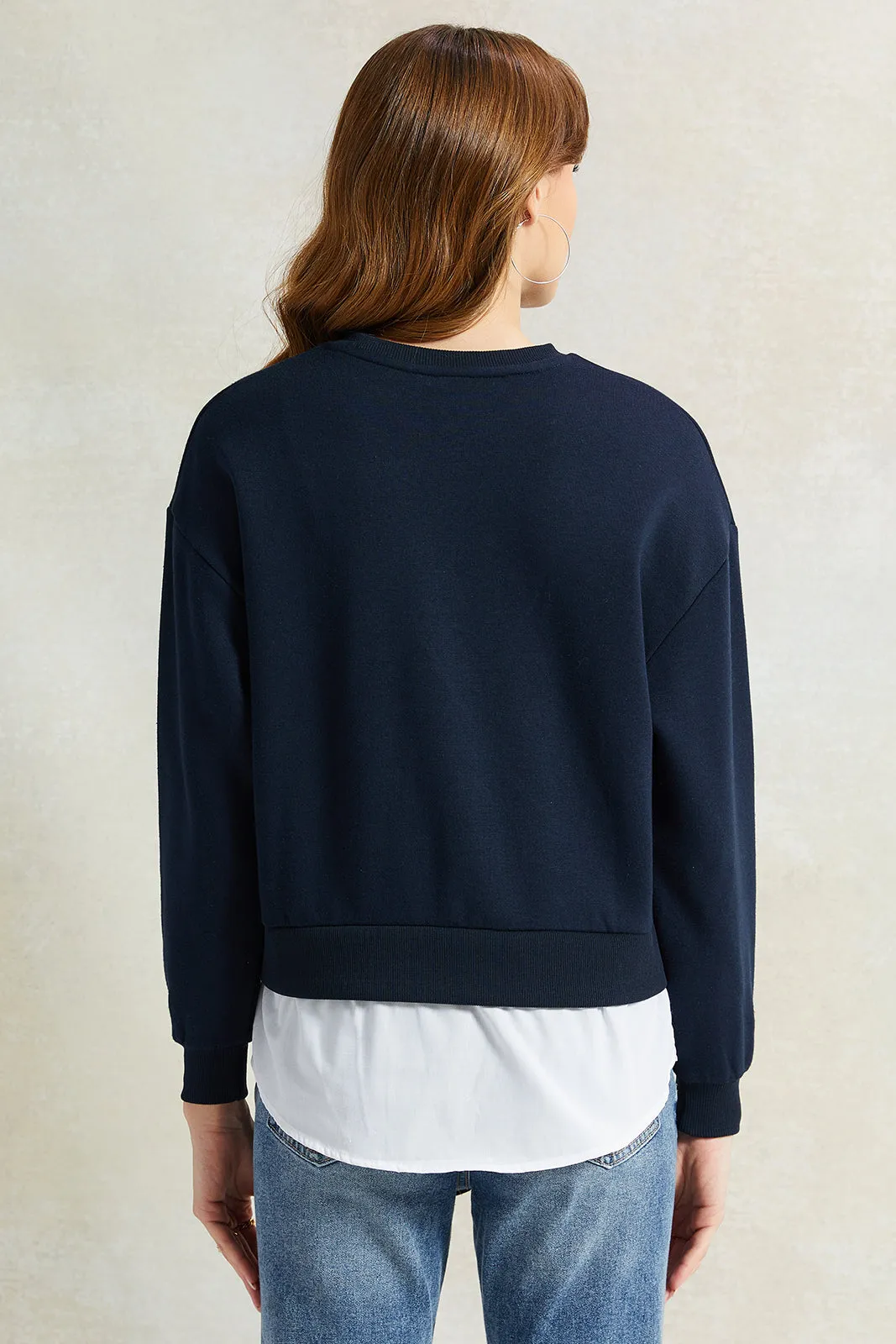 Women Navy Printed Twofer Sweatshirt