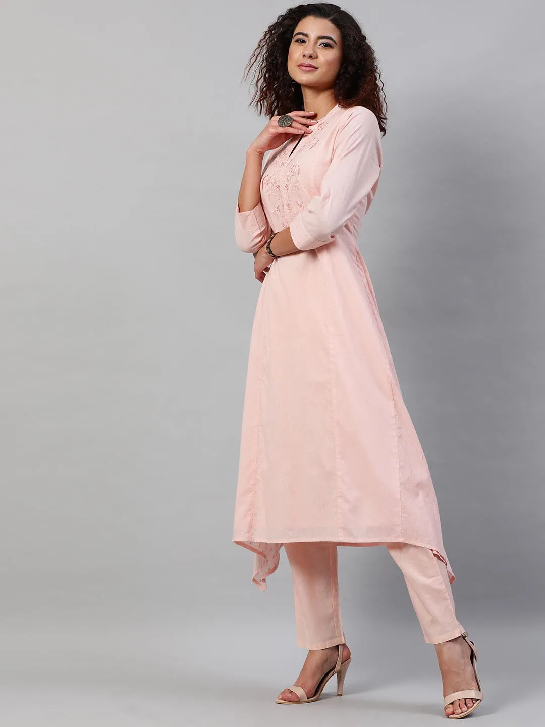 Women Peach-Coloured Embroidered Dobby Pure Cotton Kurta With Trousers Dupatta