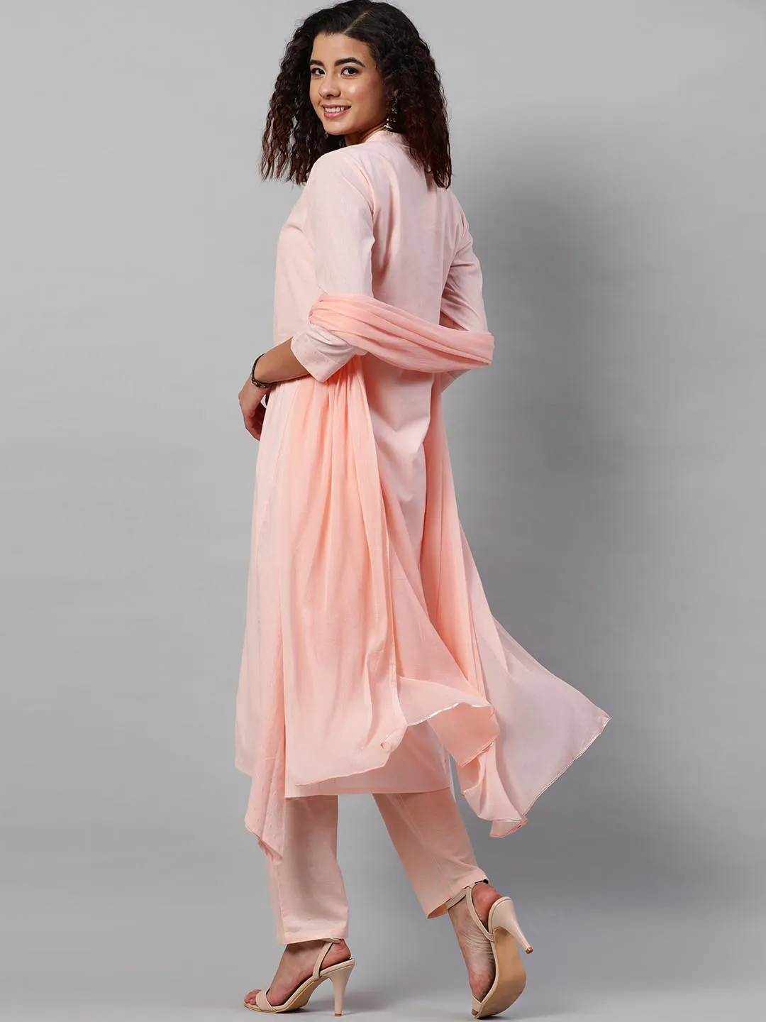 Women Peach-Coloured Embroidered Dobby Pure Cotton Kurta With Trousers Dupatta