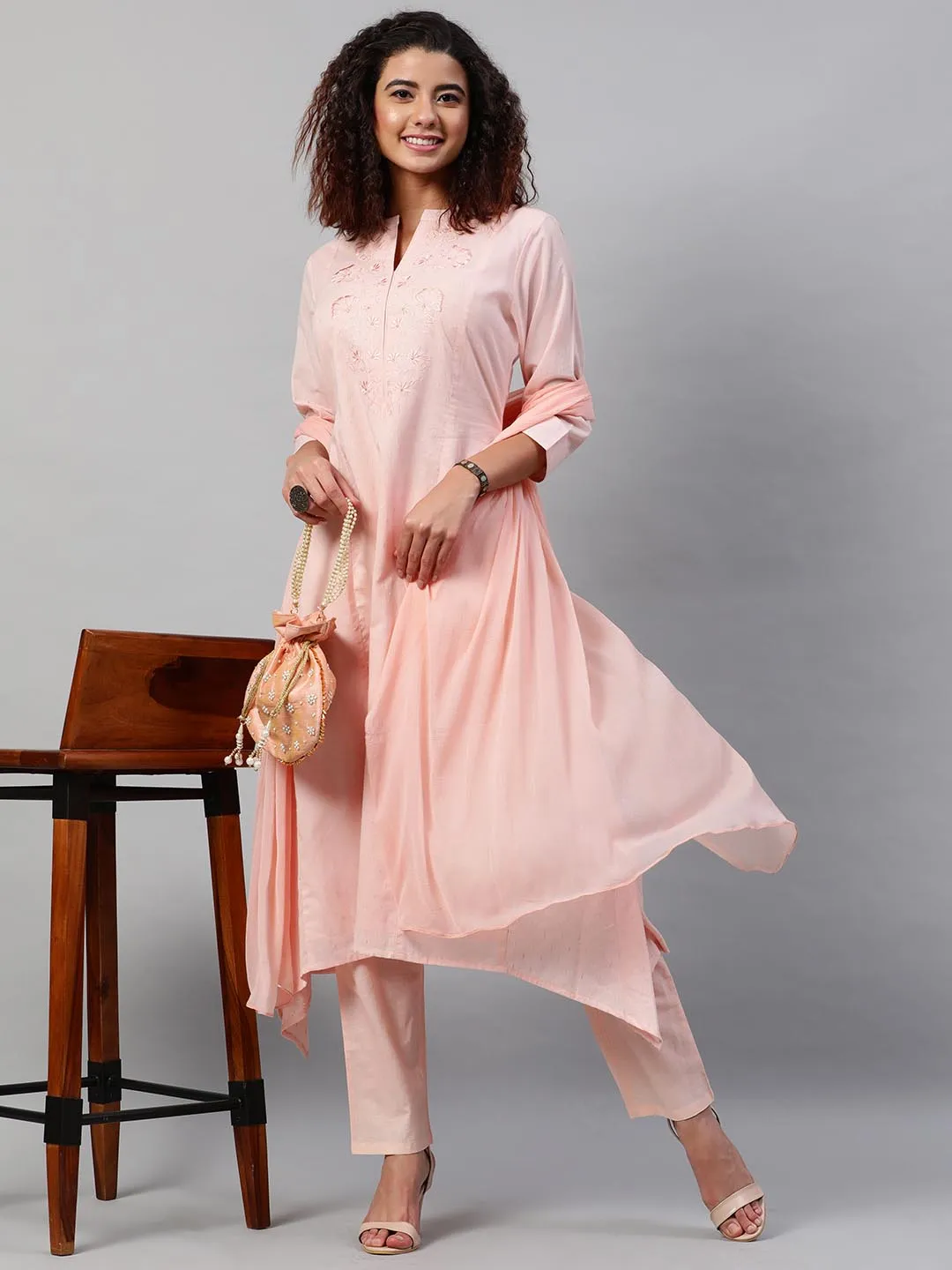 Women Peach-Coloured Embroidered Dobby Pure Cotton Kurta With Trousers Dupatta