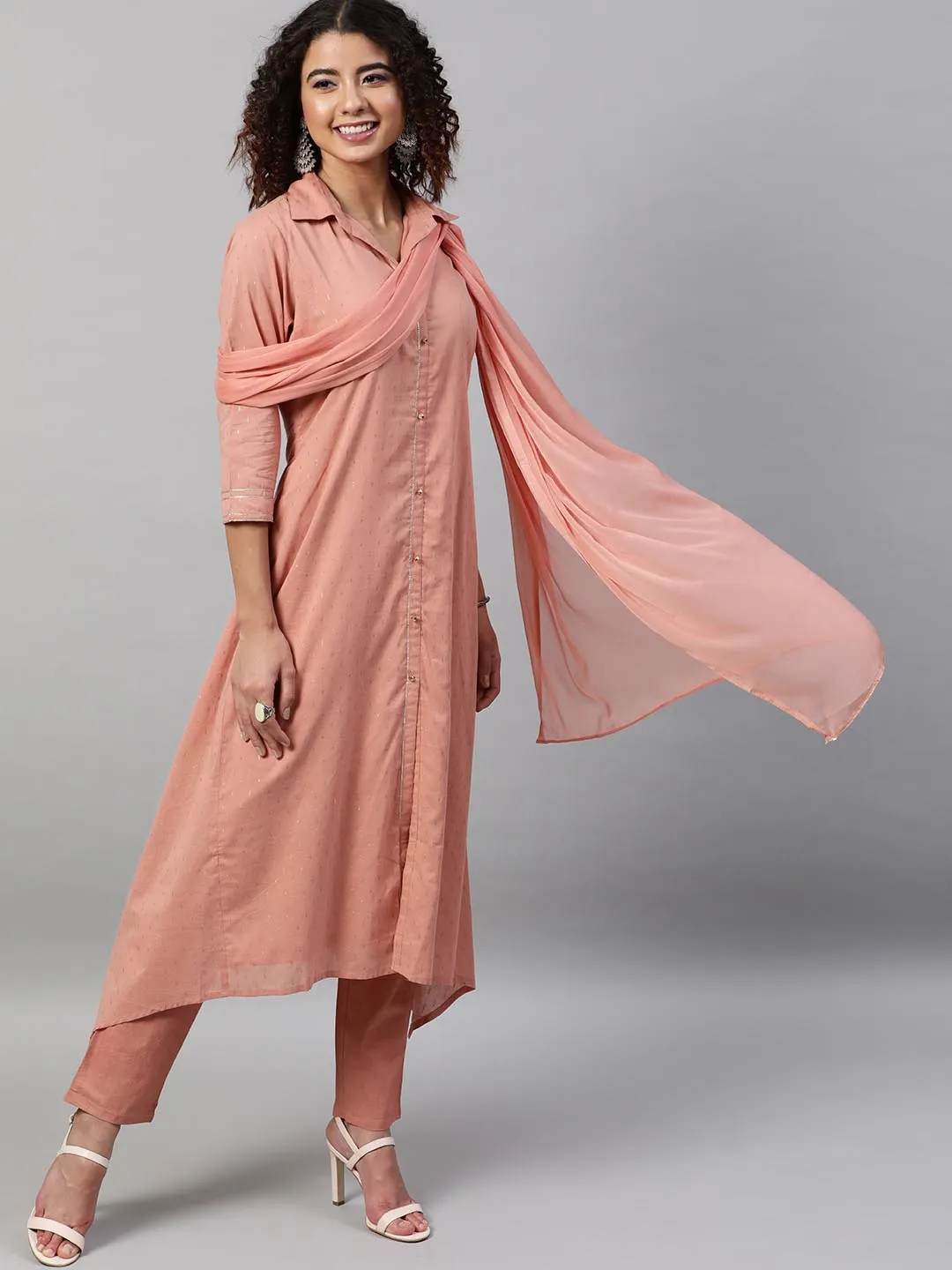 Women Peach-Coloured Pure Cotton Kurta with Trousers With Dupatta