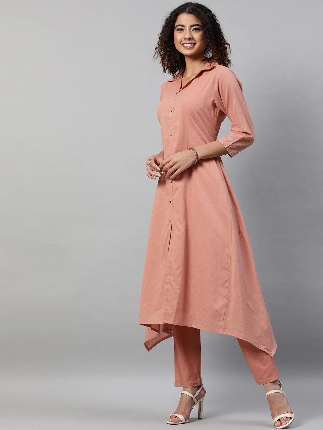 Women Peach-Coloured Pure Cotton Kurta with Trousers With Dupatta