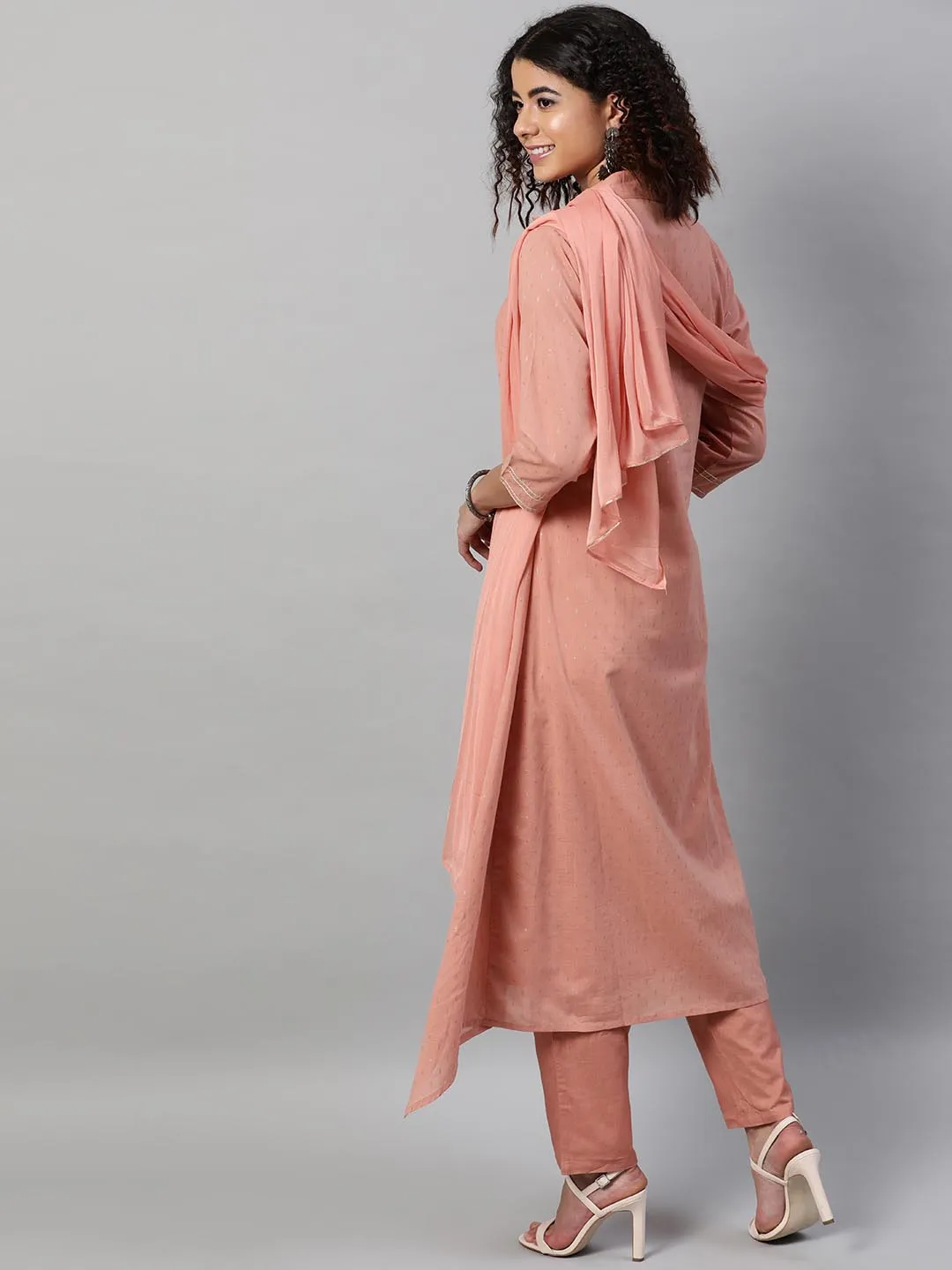 Women Peach-Coloured Pure Cotton Kurta with Trousers With Dupatta