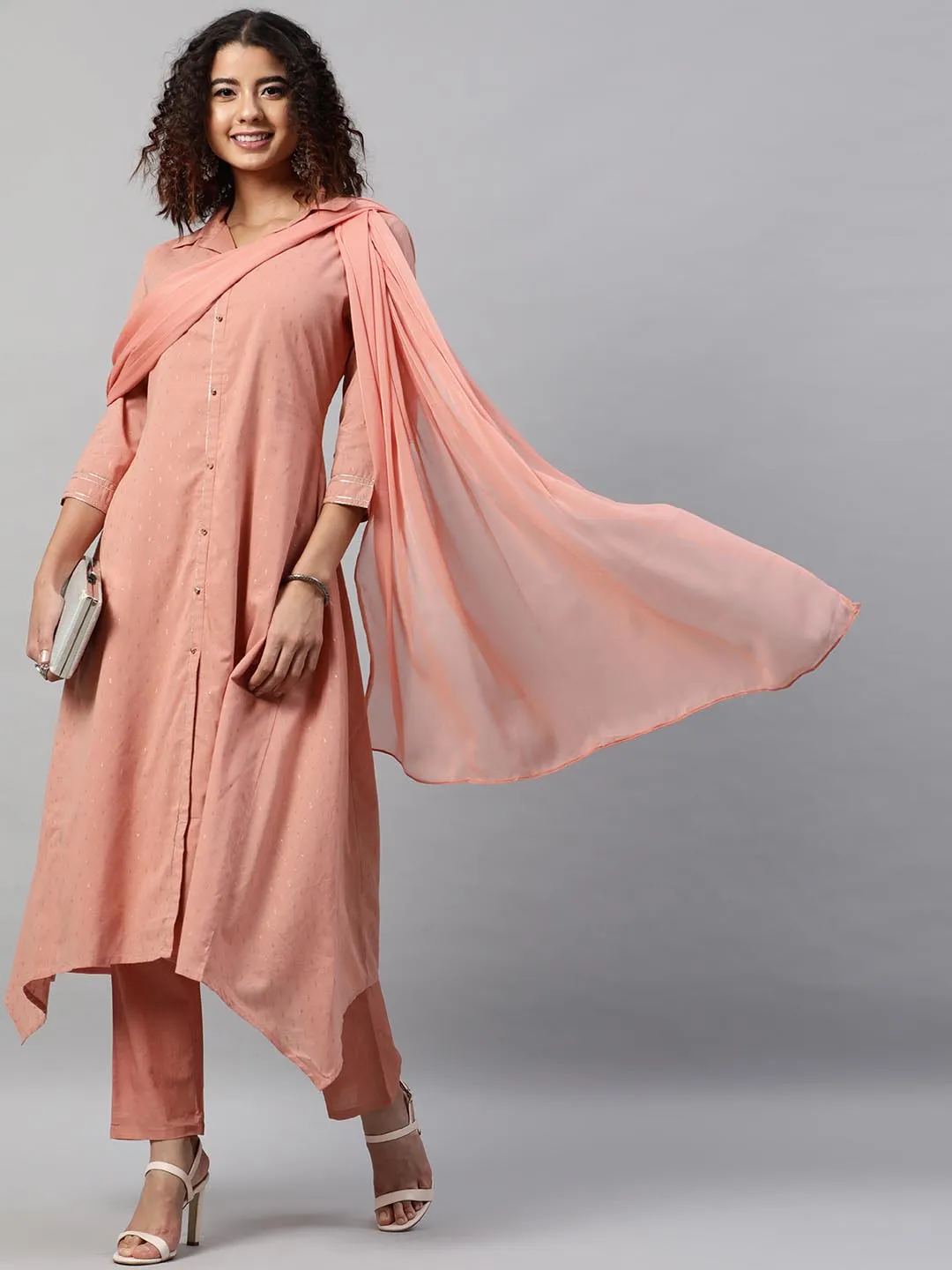 Women Peach-Coloured Pure Cotton Kurta with Trousers With Dupatta