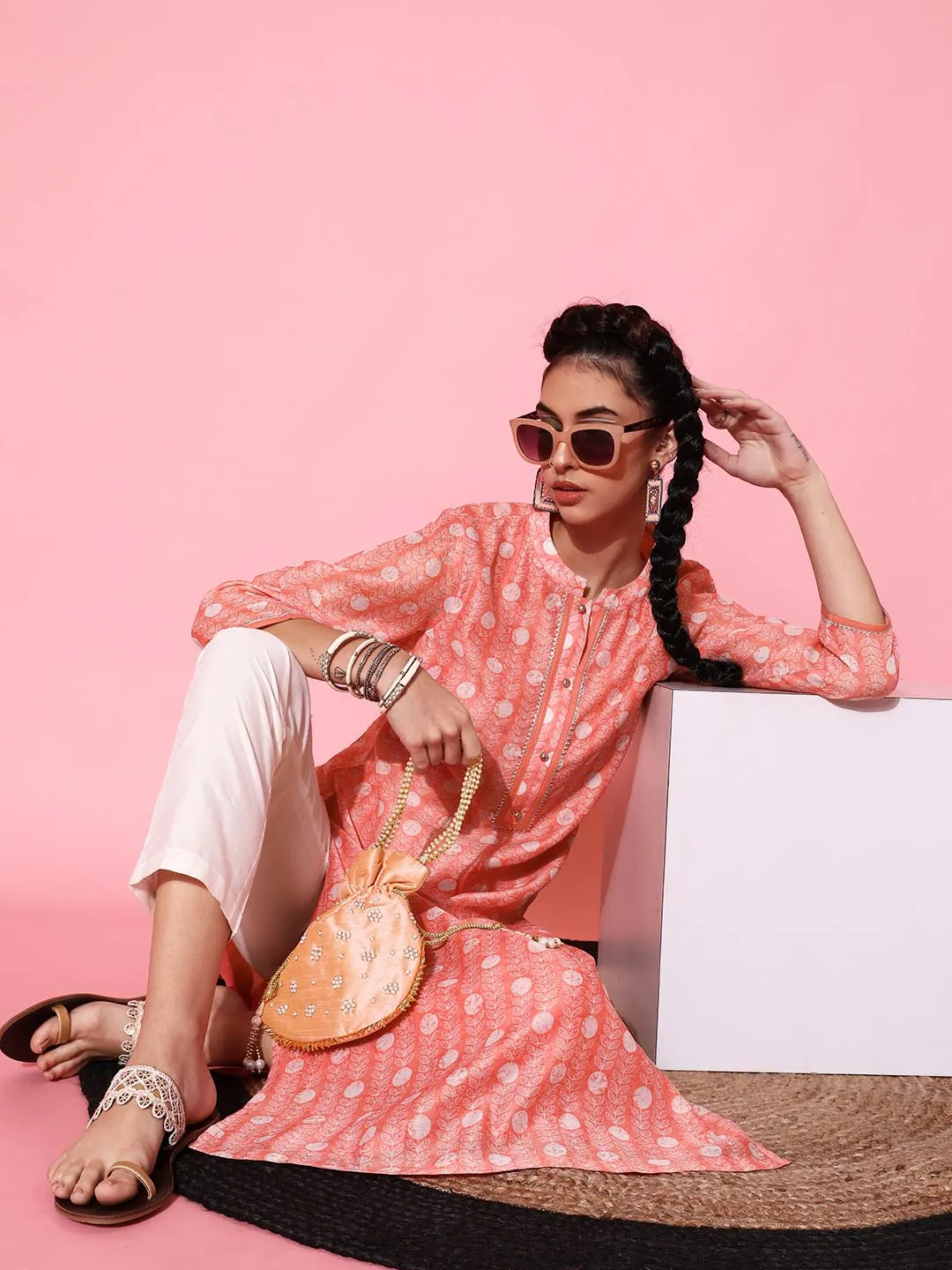 Women Peach-Coloured White Printed Pure Cotton Kurta with Trousers