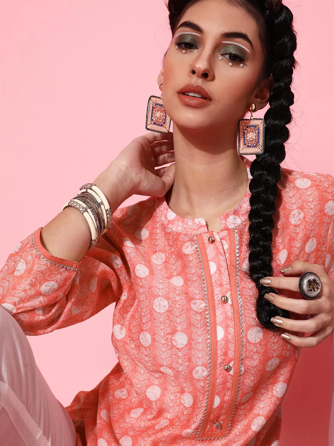 Women Peach-Coloured White Printed Pure Cotton Kurta with Trousers