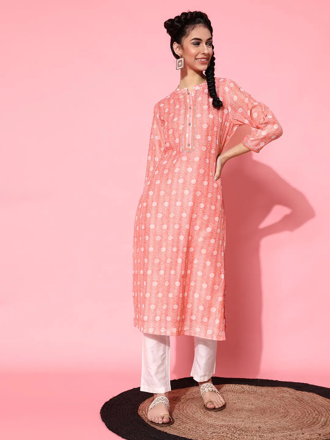 Women Peach-Coloured White Printed Pure Cotton Kurta with Trousers