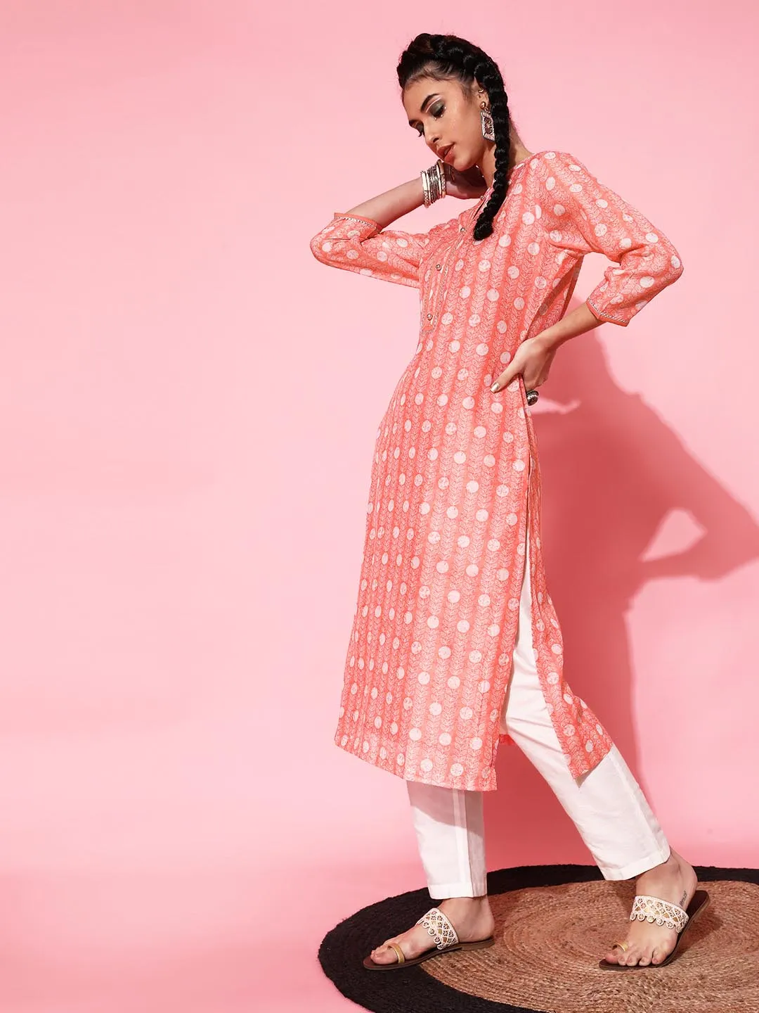 Women Peach-Coloured White Printed Pure Cotton Kurta with Trousers