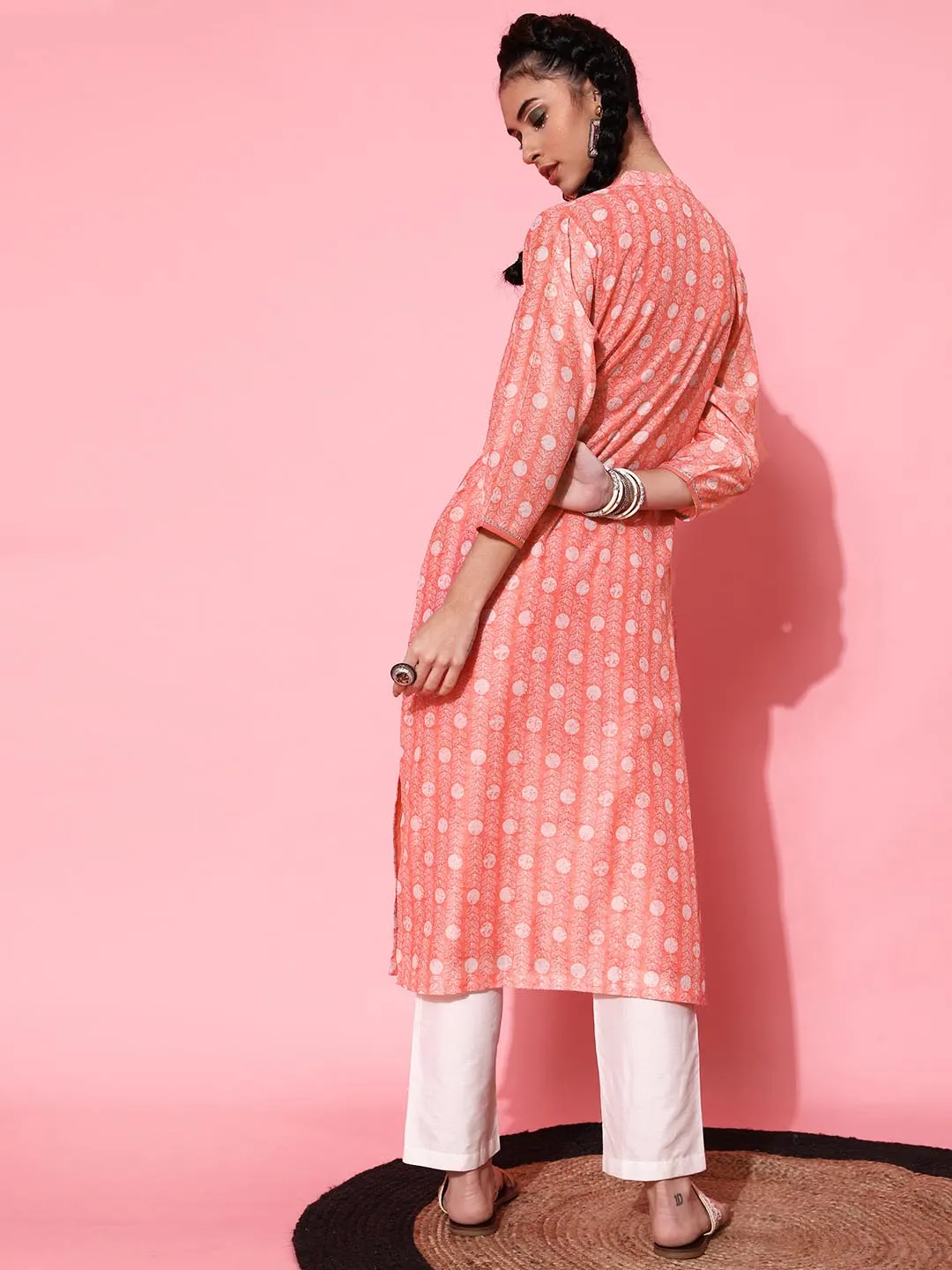 Women Peach-Coloured White Printed Pure Cotton Kurta with Trousers