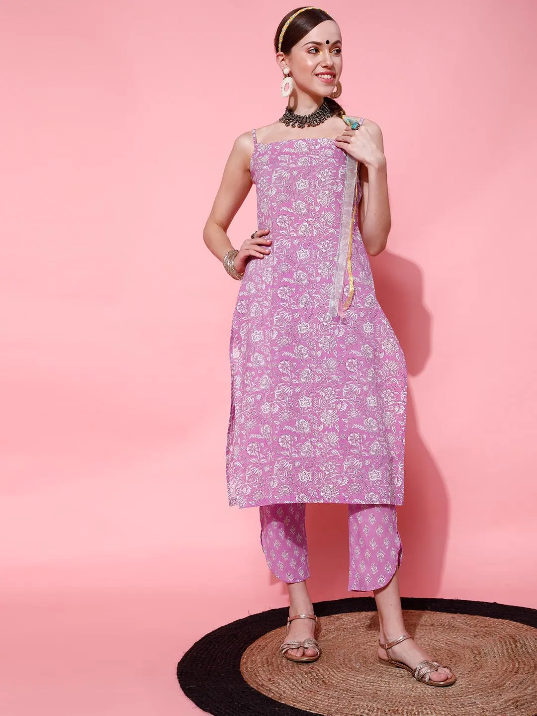 Women Purple Embroidered Pure Cotton Kurta with Trousers