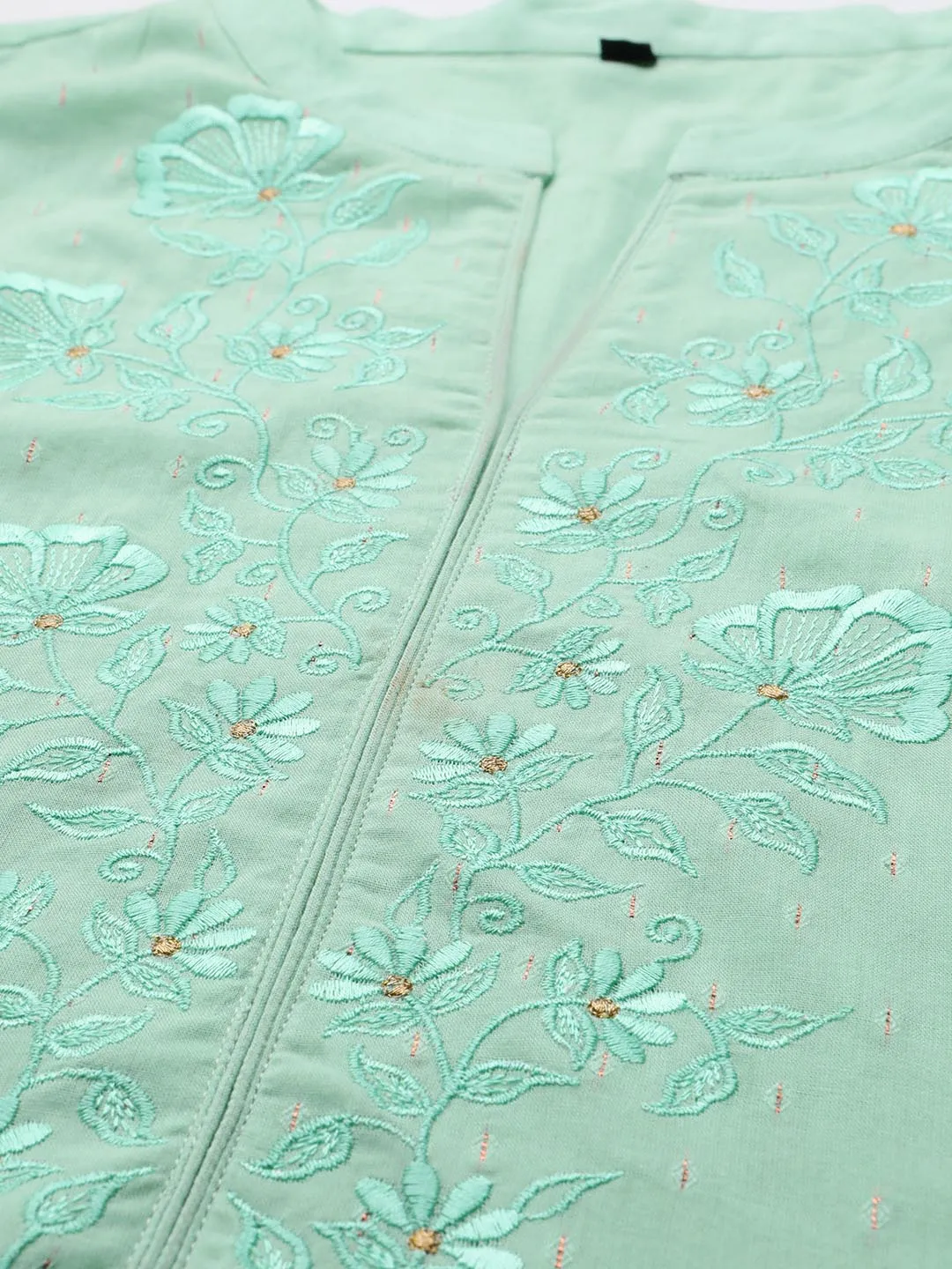 Women Sea Green Embroidered Layered Pure Cotton Kurti with Trousers Dupatta