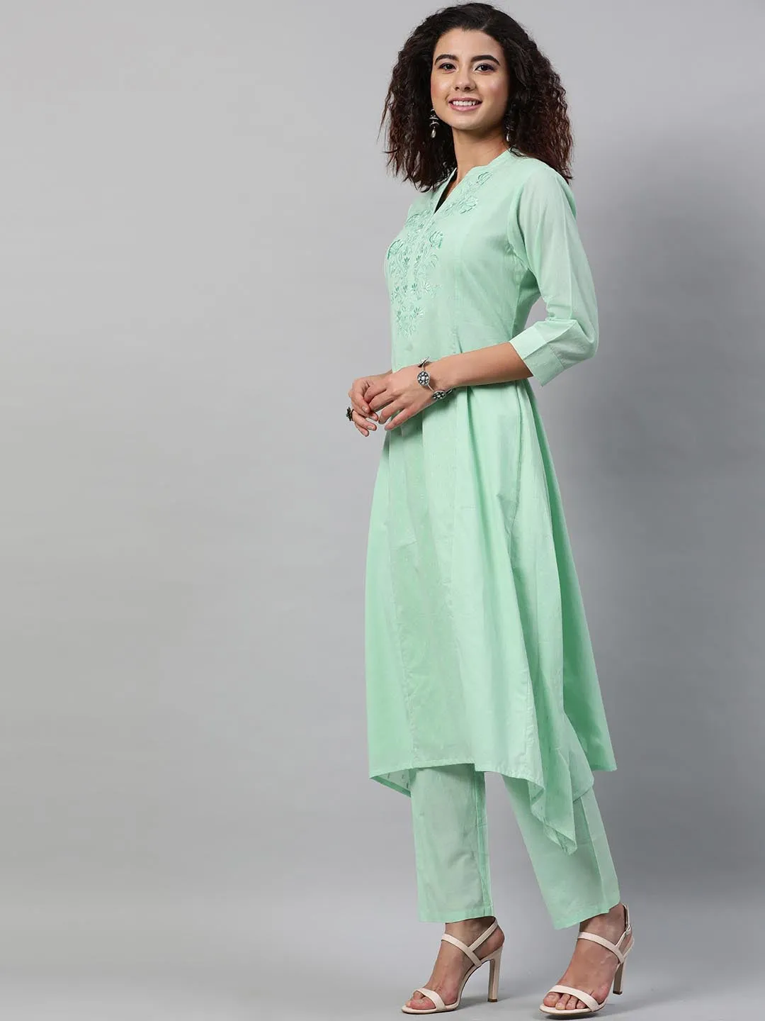 Women Sea Green Embroidered Layered Pure Cotton Kurti with Trousers Dupatta