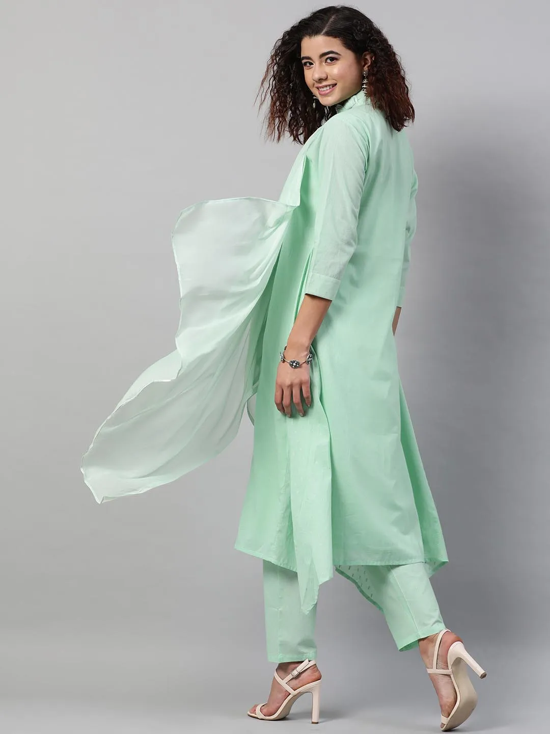 Women Sea Green Embroidered Layered Pure Cotton Kurti with Trousers Dupatta