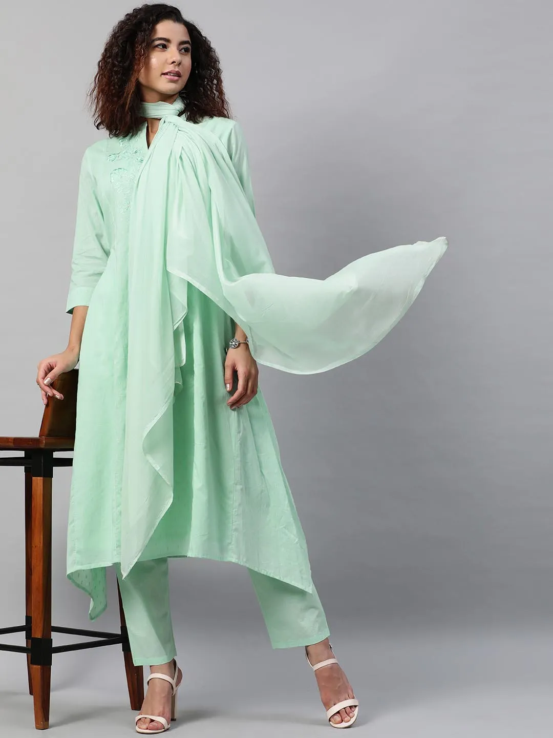 Women Sea Green Embroidered Layered Pure Cotton Kurti with Trousers Dupatta