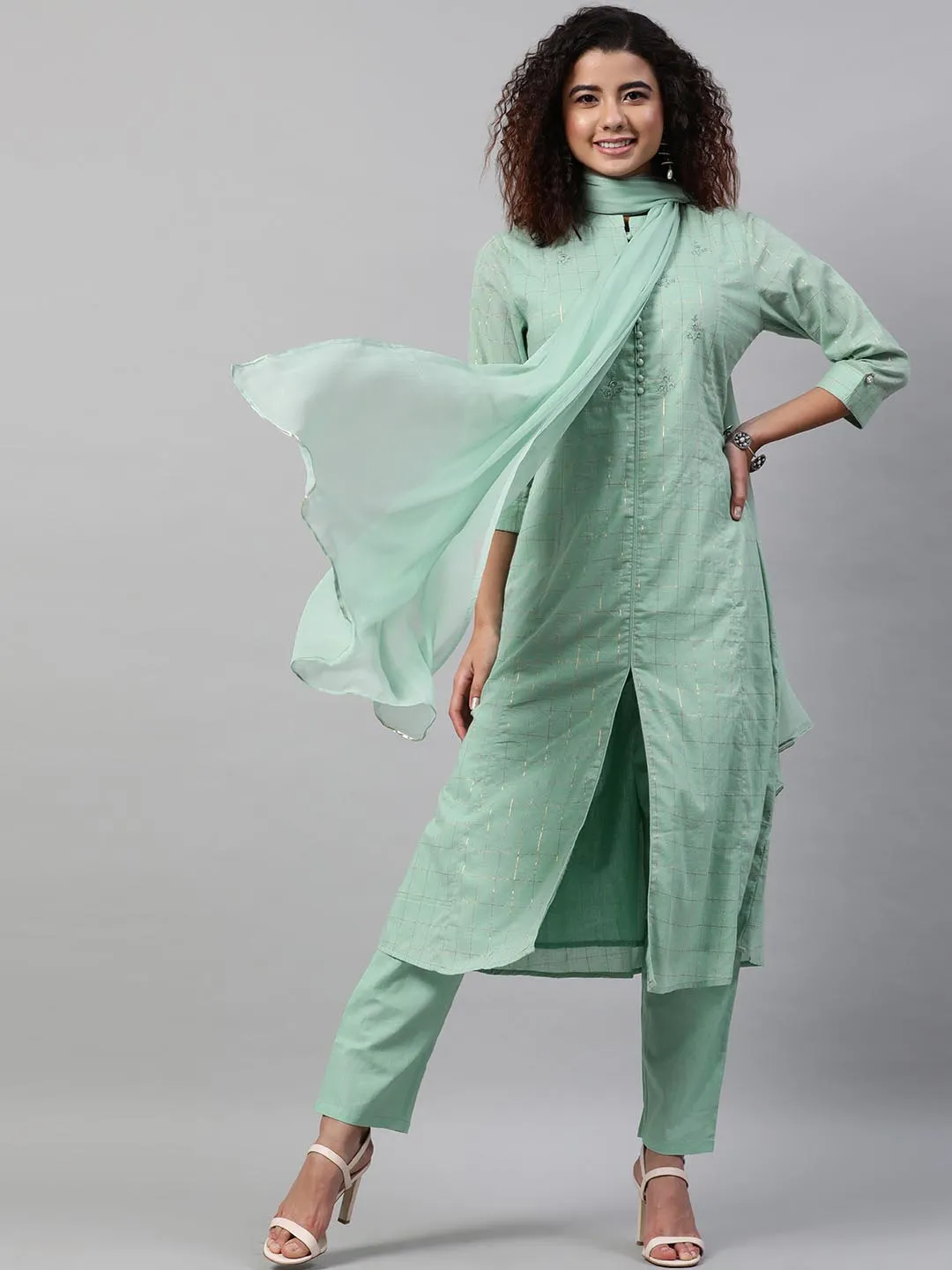 Women Sea Green Regular Pure Cotton Kurta with Trousers With Dupatta