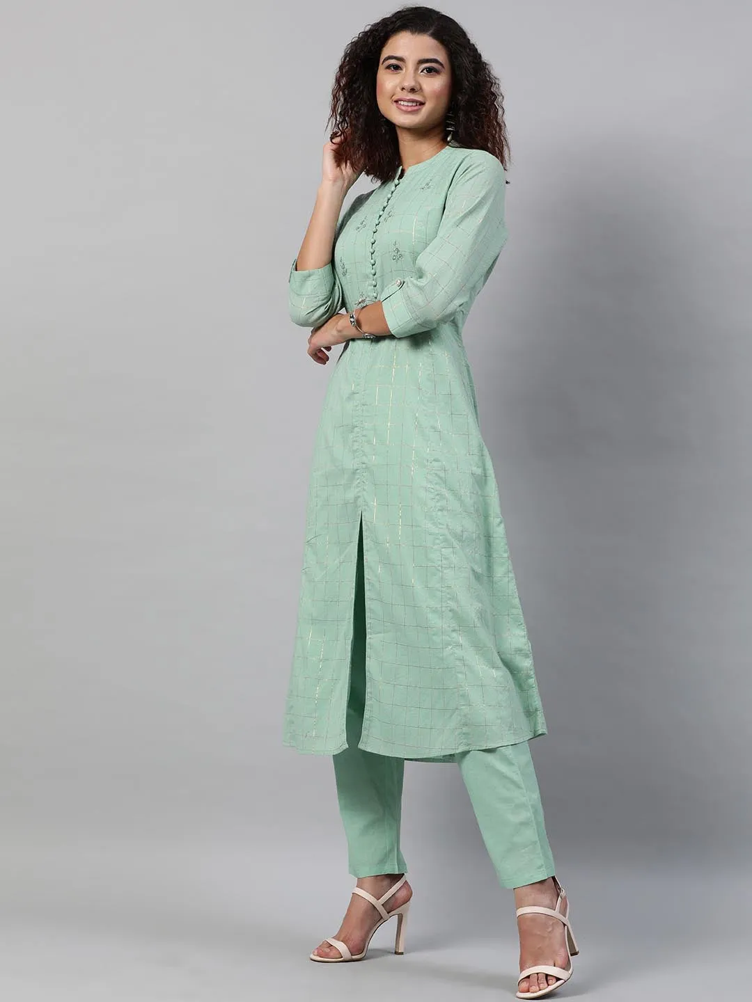 Women Sea Green Regular Pure Cotton Kurta with Trousers With Dupatta