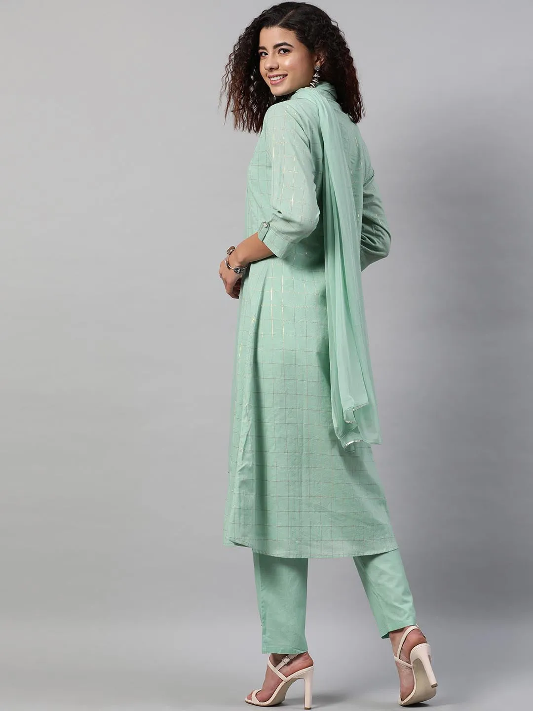 Women Sea Green Regular Pure Cotton Kurta with Trousers With Dupatta