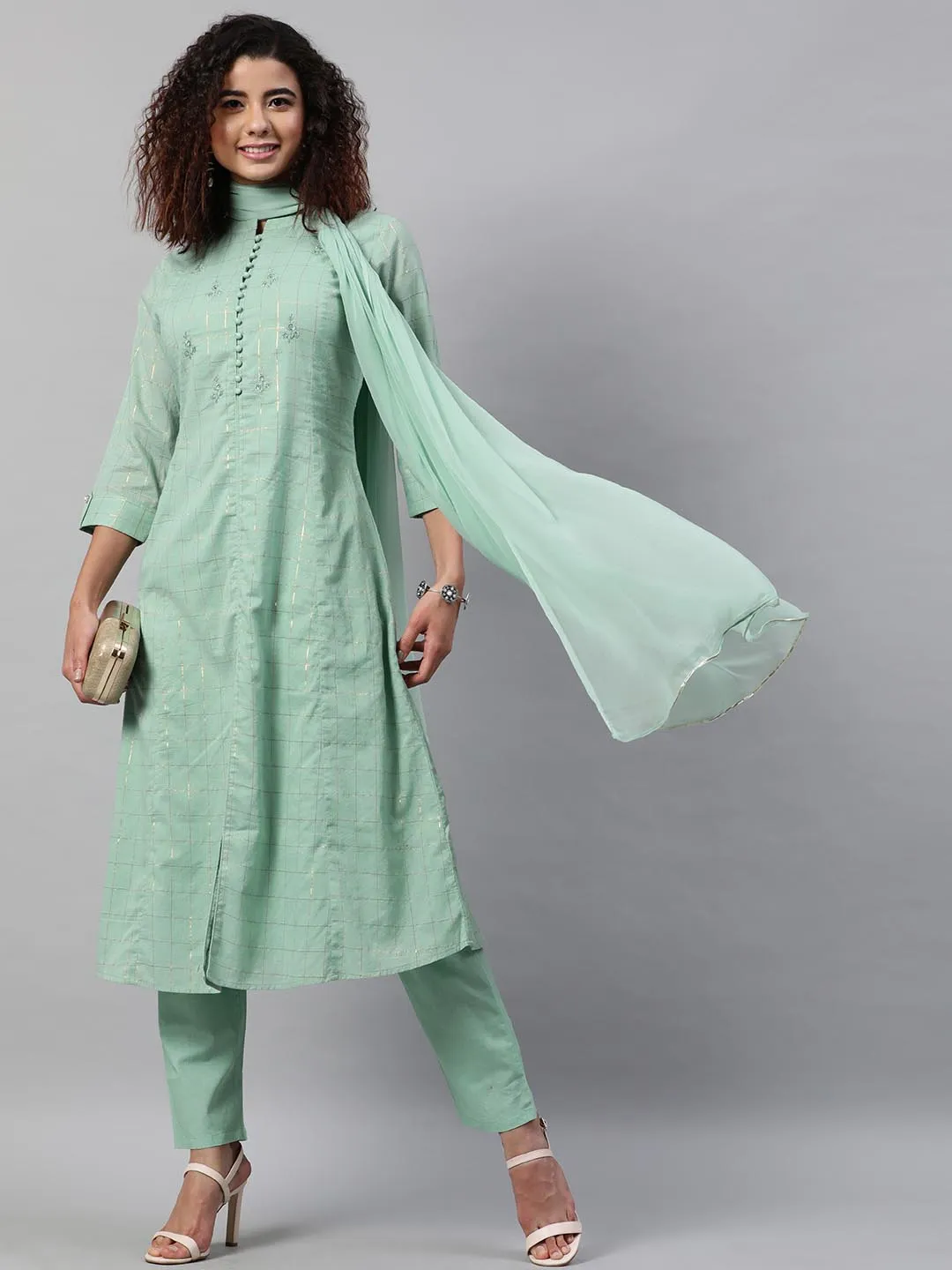 Women Sea Green Regular Pure Cotton Kurta with Trousers With Dupatta