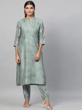 Women Sea Green Self Design Kurti with Trousers