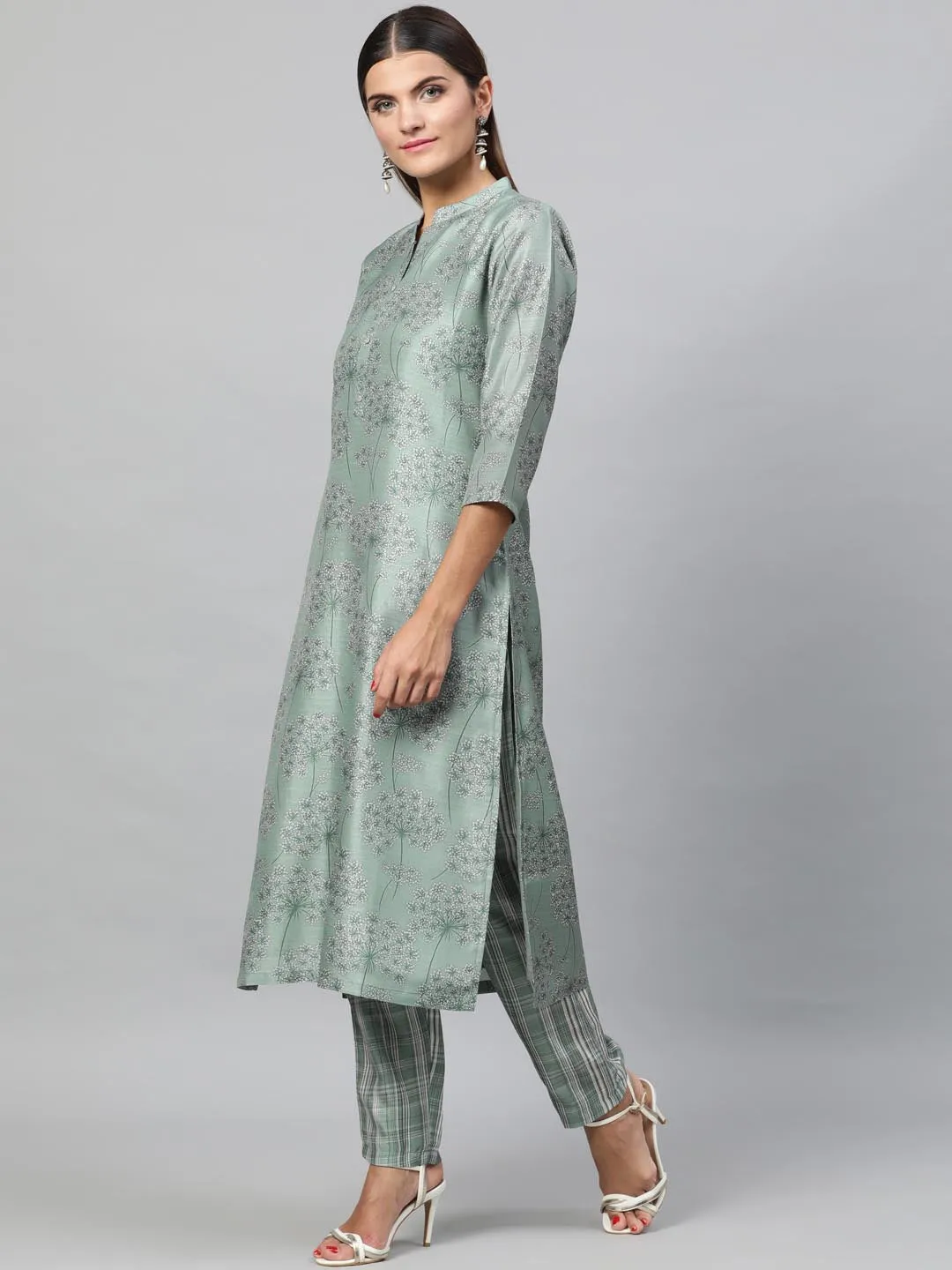 Women Sea Green Self Design Kurti with Trousers