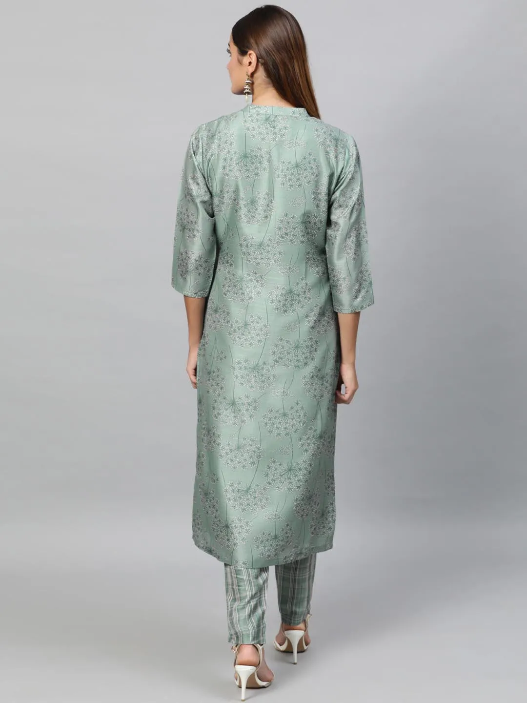 Women Sea Green Self Design Kurti with Trousers