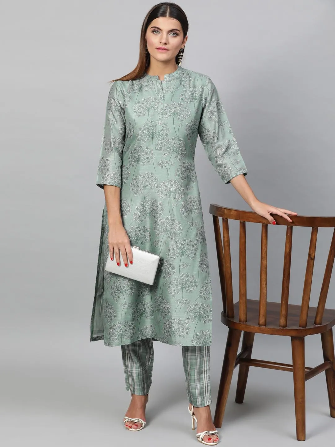 Women Sea Green Self Design Kurti with Trousers