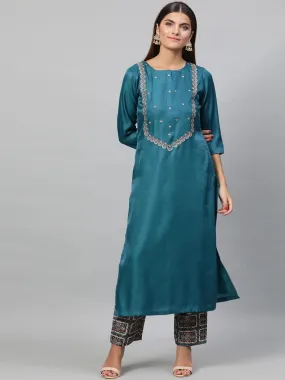 Women Teal Green Yoke Design Embroidered Kurta with Trousers