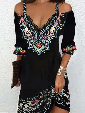 Women's Dresses Boho Print V-Neck Off-Shoulder Dress