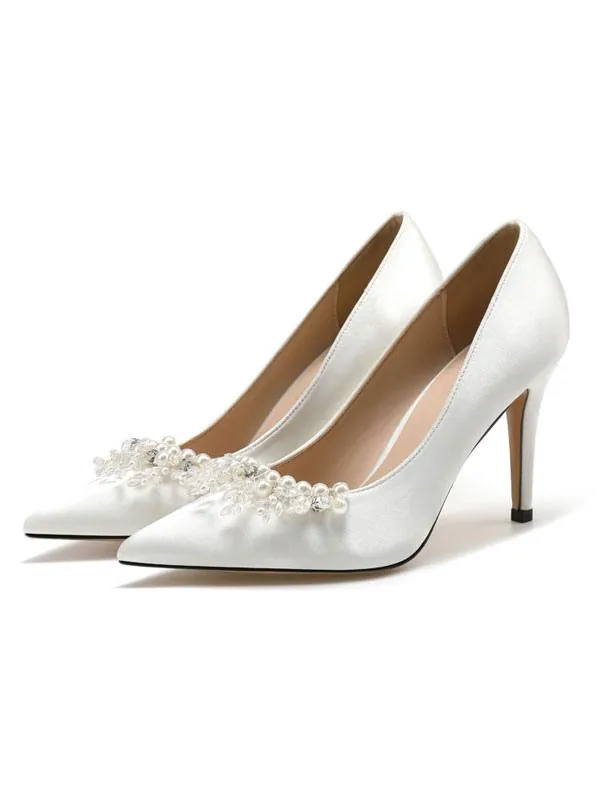 Women's Pearls Bridal Heels in White Satin